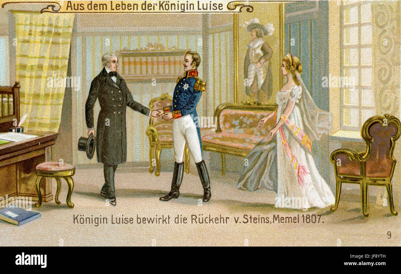 Queen Louise reinstates Chancellor Stein, Memel, 1807. Life of Duchess Louise of Mecklenburg-Strelitz, Queen Consort of Prussia. Wife of Frederick William III (10 March 1776 – 19 July 1810). Stock Photo