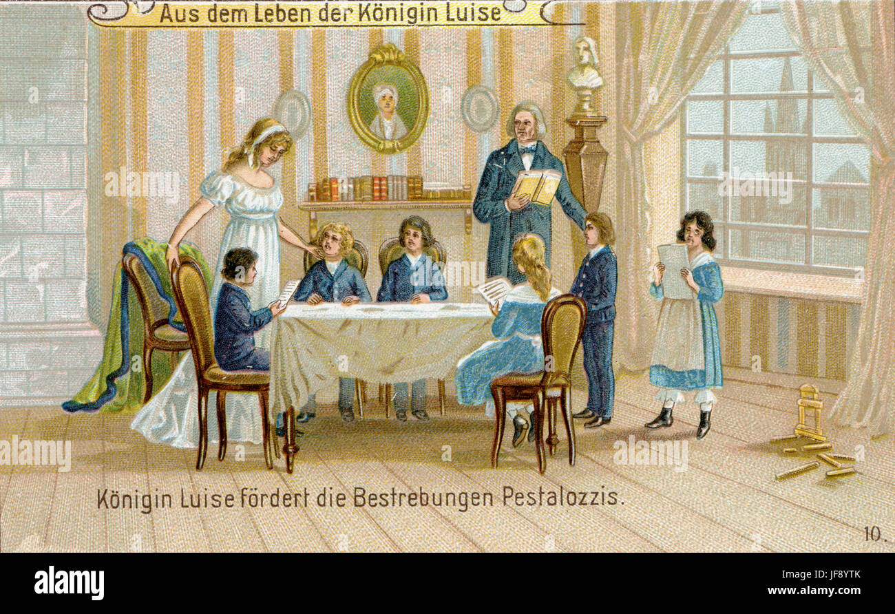 Support for the work of Johann Heinrich Pestalozzi in furthering education. Life of Duchess Louise of Mecklenburg-Strelitz, Queen Consort of Prussia. Wife of Frederick William III (10 March 1776 – 19 July 1810). Stock Photo