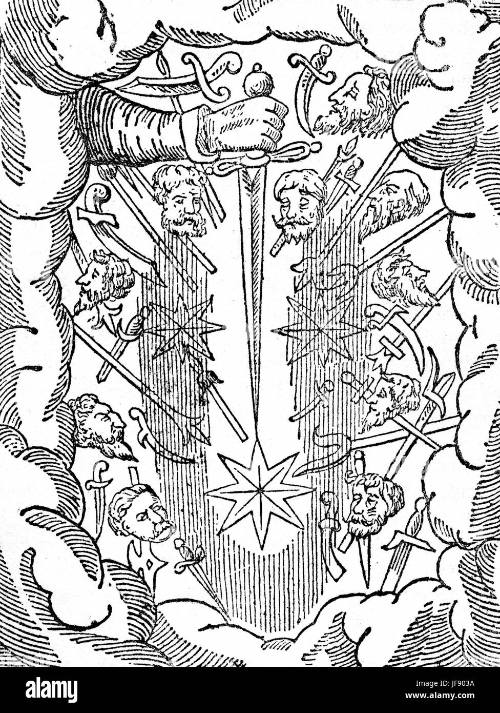 Comet, 1528. The fearful Comet of 1528, accompanied by a cloud of swords, daggers, halberds, and decapitated heads. Woodcut from Ambroise Pare's 'Livres de Chirurgie,' 1597. The woodcut symbolises war and murder. Stock Photo