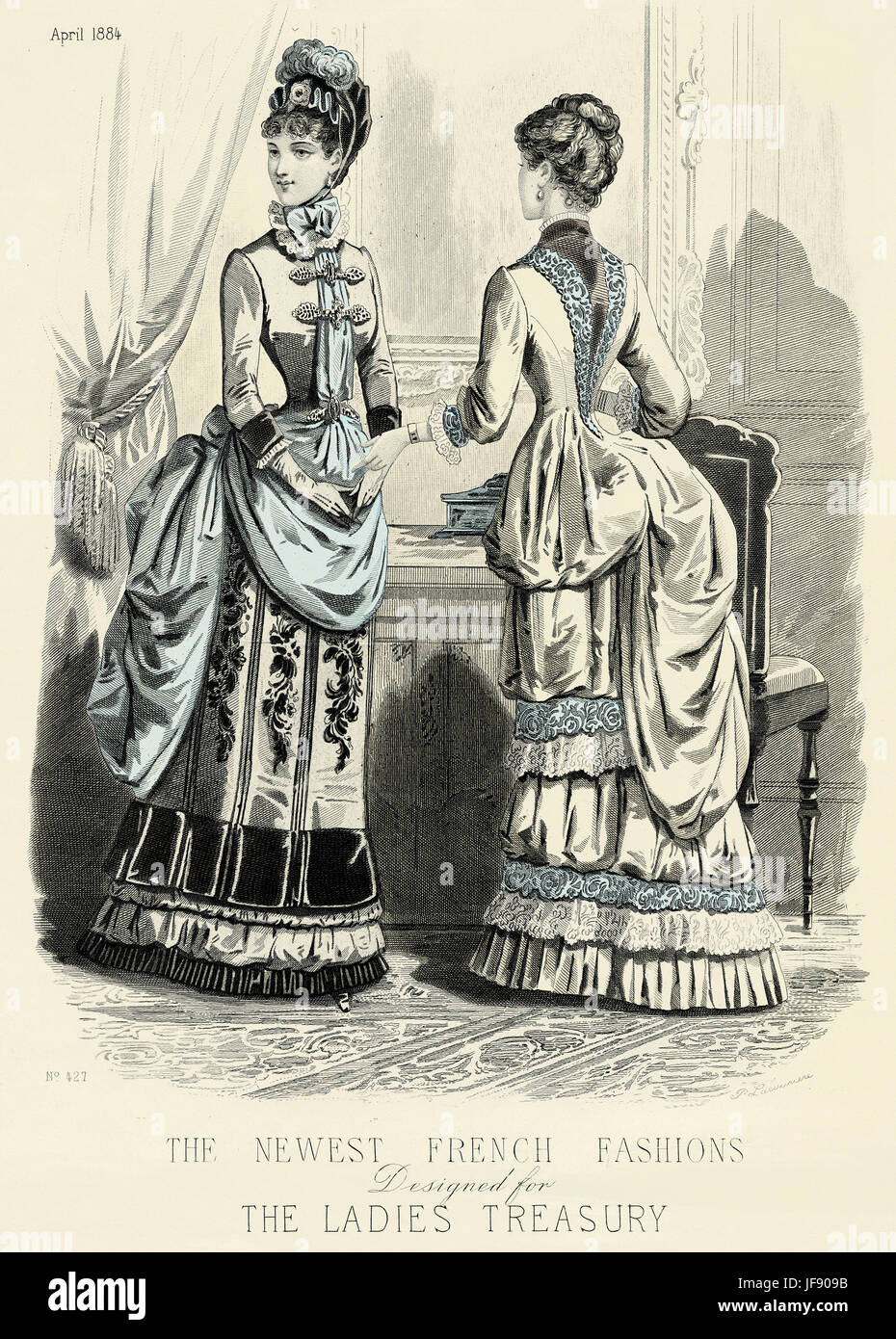 The newest French fashions designed for the Ladies Treasury..  Hand coloured fashion plate.  Shows women modellling  spring dresses with bustles and tight fitting, high necked bodices. Hair is swept up. Stock Photo