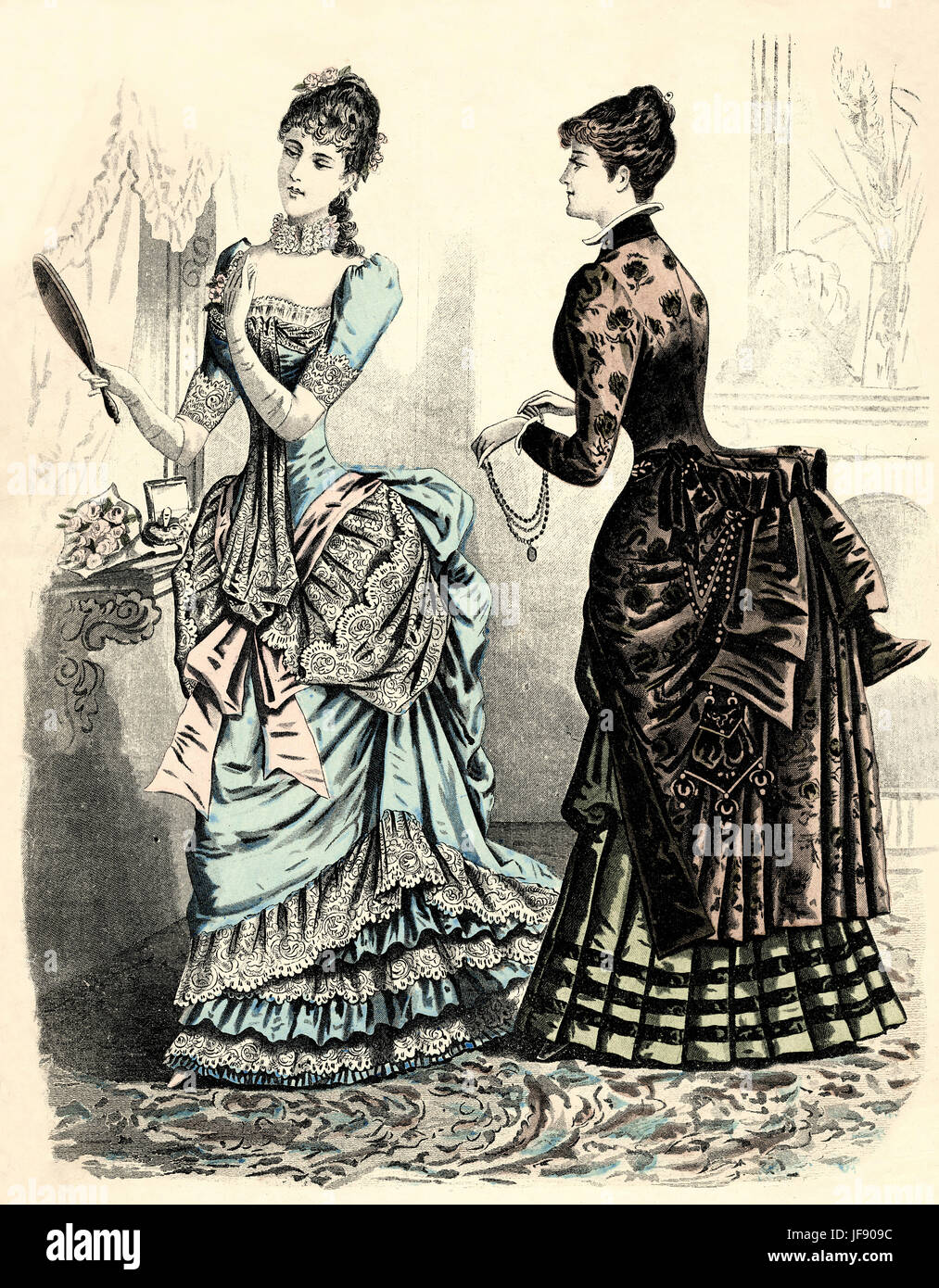 The newest French fashions  expressly modelled for Sylvia's Home Journal...  Hand coloured fashion plate.  Shows woman modellling evening dress with bustles and tight fitting, decolleté  bodice with choker necklace. Hair is swept up. Maid also wearing dress with bsutle is holding necklace Stock Photo