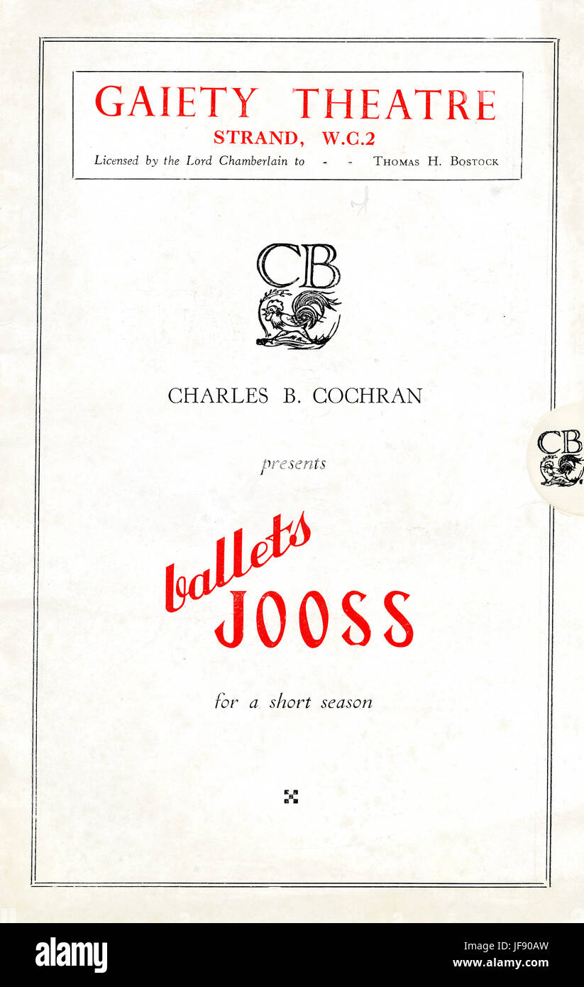 Ballets Jooss programme from the Gaiety Theatre, Strand, London.  Charles B Cochran presents.  Musical Director Fritz Cohen.  Production before 1939. Stock Photo