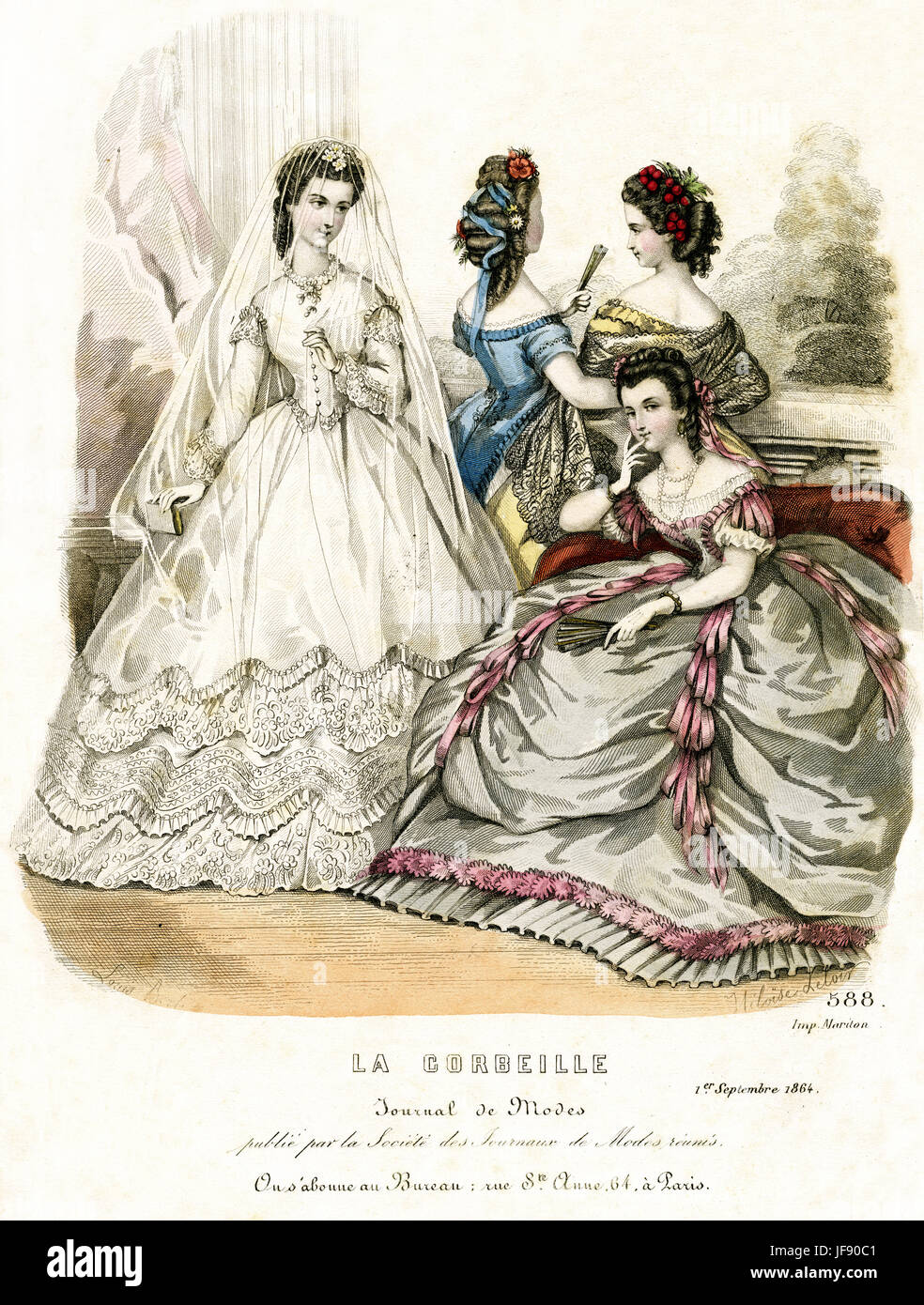 Bridal fashion, 1864. Bride wearing a full skirted wedding dress over a crinoline, with lace trim, tight fitting bodice with loose sleeves. Three women wear evening gowns with low necklines, short sleeves and full skirts. Illustration by Heloise Leloir and Louis Berloir Stock Photo