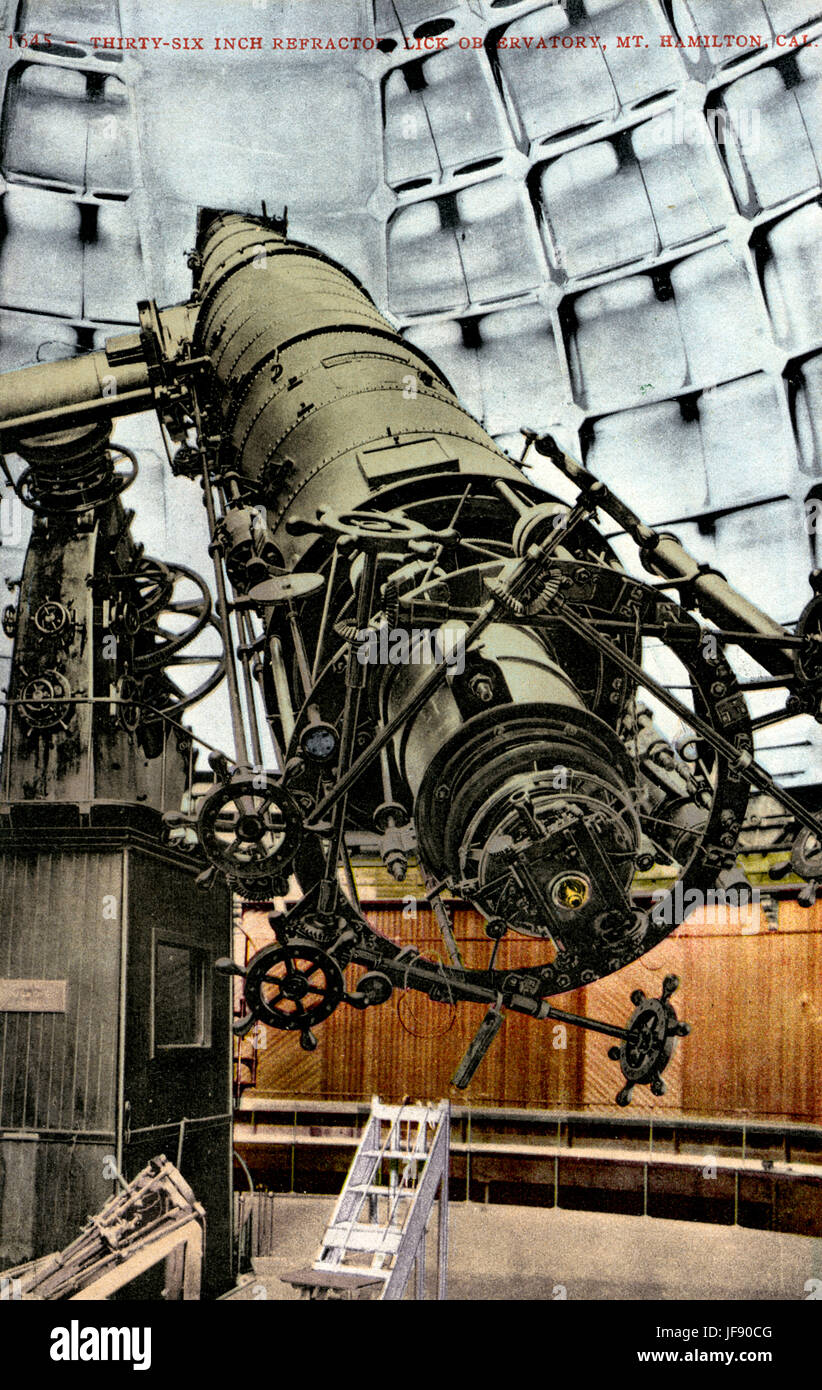 36 inch Refractor Telescope, Mount Hamilton, California. Great Lick Refractor Lens Lick Observatory completed in 1888. Mountain top observatory. Built as a result of bequest from James Lick. Stock Photo