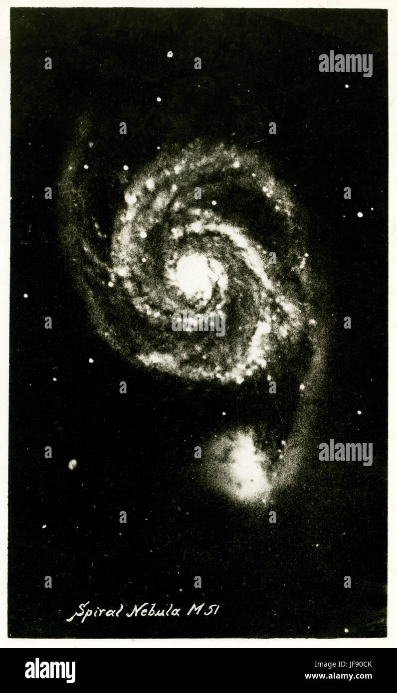 Spiral nebula Messier 51 - published in 1910 by George Ritchey, an American optician, telescope maker and astronomer. Also known as Whirlpool Galaxy. First discovered by Charles Messier, a French astronomer,  on October 13, 1773. Possessed a spiral structure Stock Photo