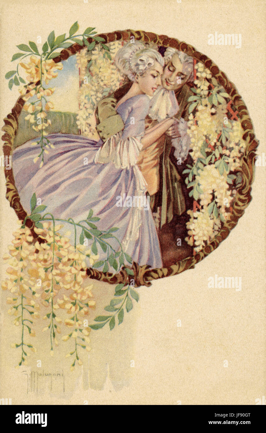 Classic 18th century couple. Man wearing wig embraces woman also wearing white wig. Surrounded by flowers. Illustration by Giacomo Malugani 1876 - 1942 Stock Photo