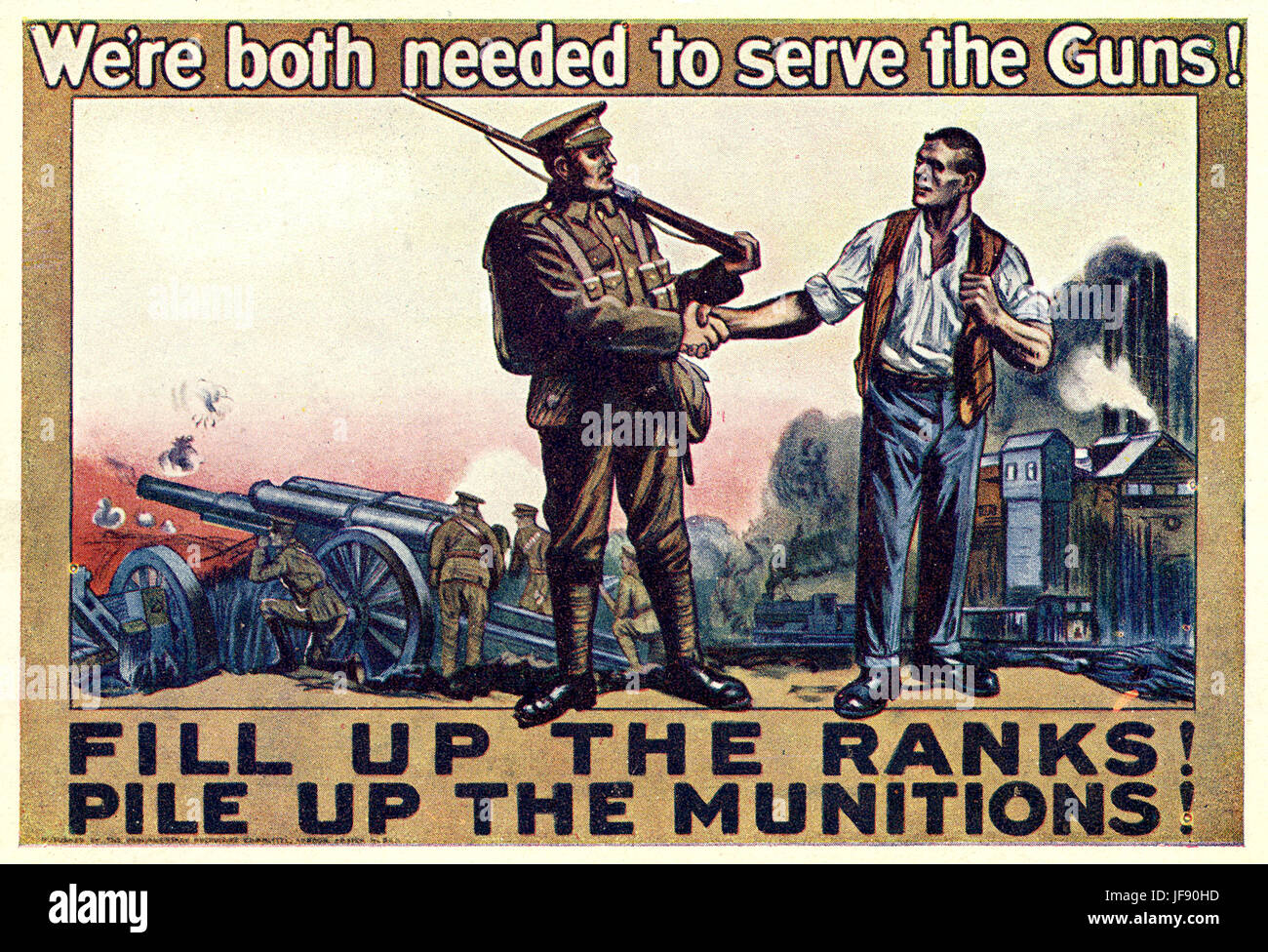 First World War British recruitment poster showing a front line soldier shaking hands with a worker in a munitions factory. Caption reads: 'We're both needed to serve the guns! Fill up the ranks! Pile up the munitions!' Stock Photo