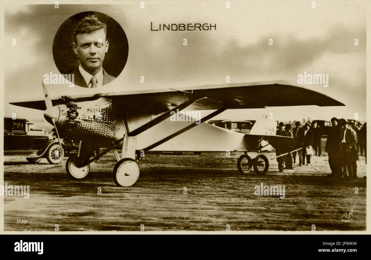Charles Lindbergh (4 February 1902 – 26 August 1974), American aviator, and his single-engine purpose-built Ryan monoplane, Spirit of St. Louis, in which he made the first solo transatlantic flight Stock Photo