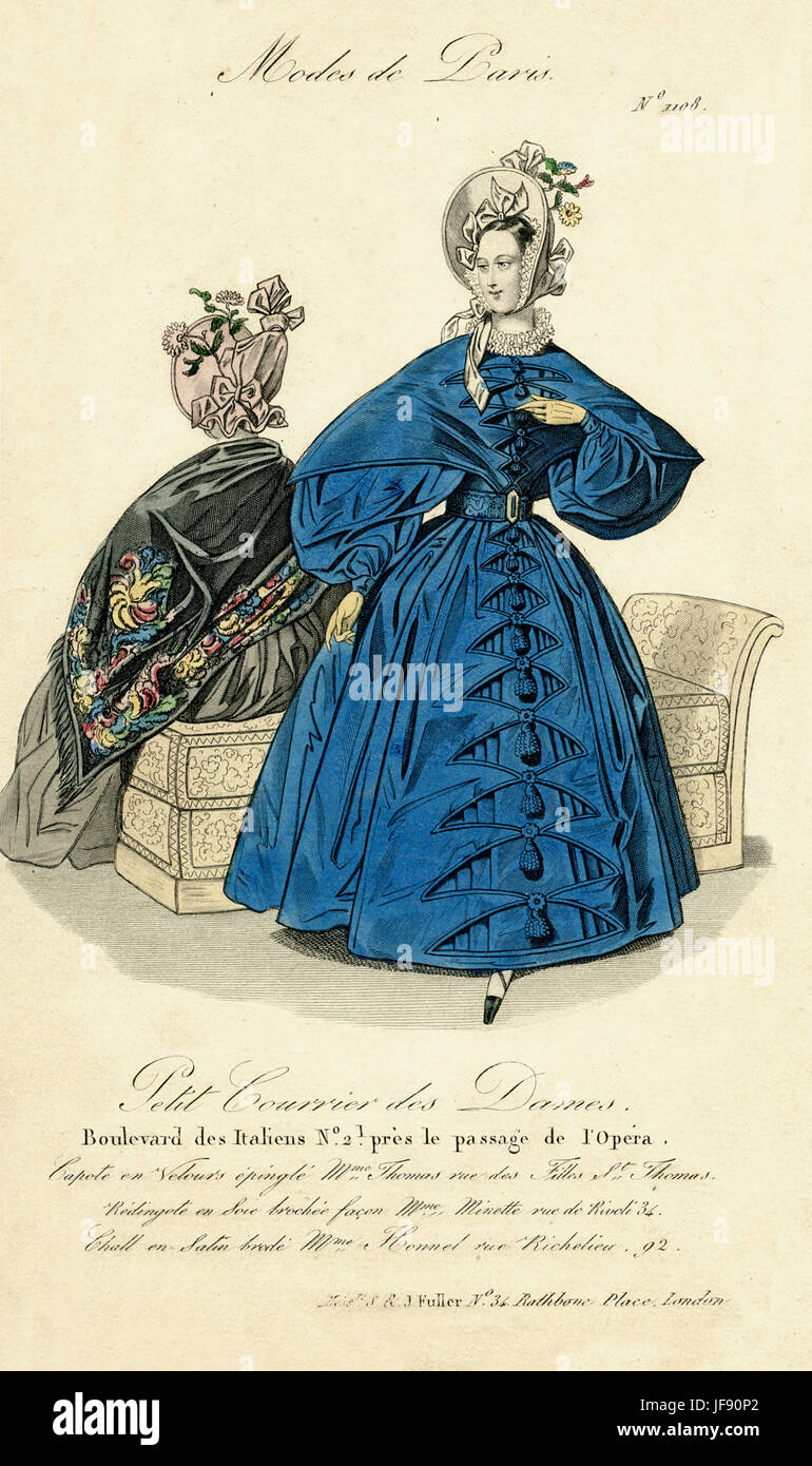 Parisian fashion, November 1844. Two women wearing bonnets tied with ribbon  and decorated with flowers. One woman wears full skirted dress over a  crinoline, with a tight waist and full sleeves. Second