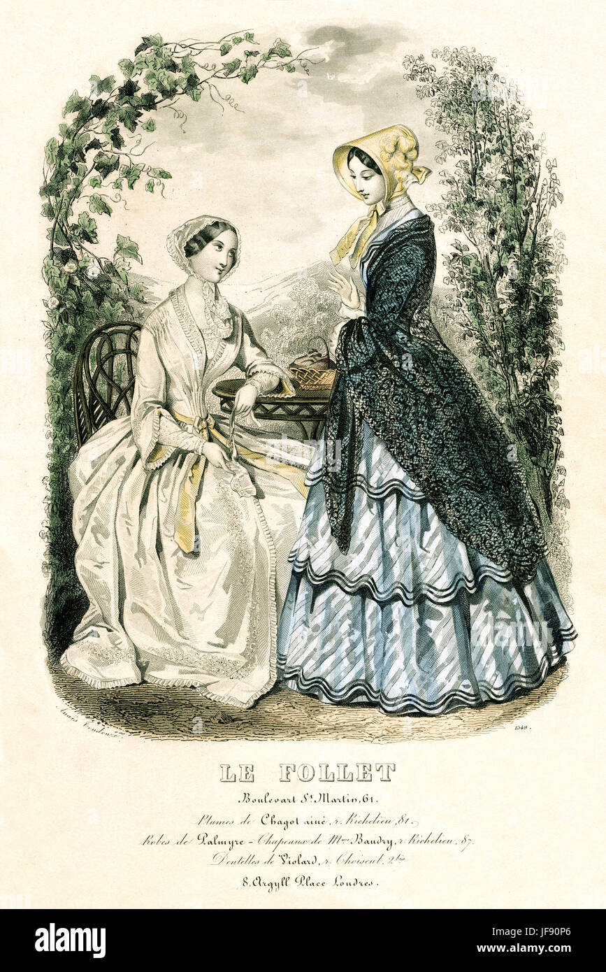 Womens fashion, mid 19th century. Two women in bonnets tied with ribbon.  Full skirted dress over crinoline / bustle with tight bodice. One woman  wears a lace shawl. Illustration by Adele Anais
