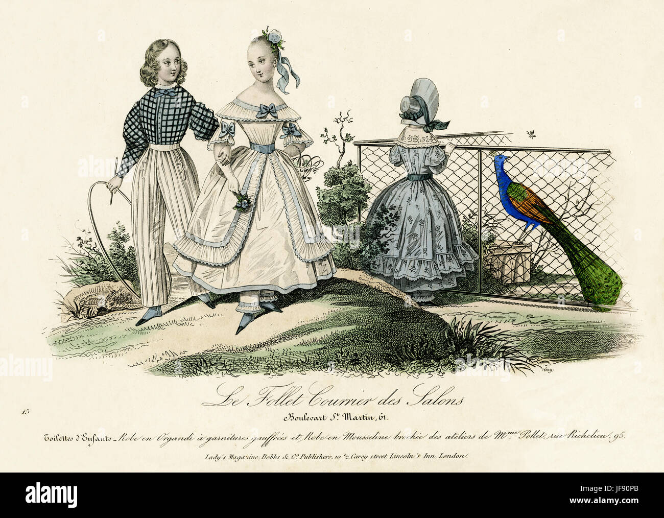 Parisian fashion for children, 19th century. Two girls in full skirted dresses decorated with ribbons. One girl wears a wide brimmed bonnet tied with ribbon, looking over the fence at a peacock. Boy wears striped, loose trowsers and checked shirt, with wide sleeves and a bow tie. Le Follet, Courrier des Salons Stock Photo