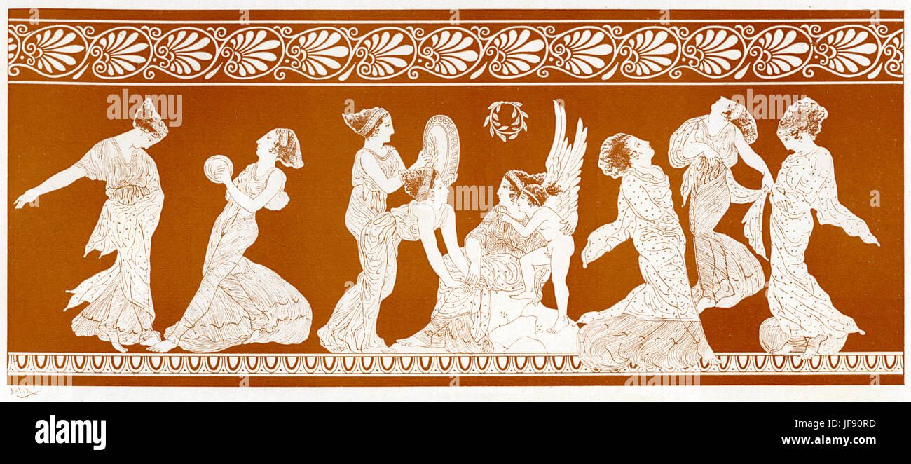 Aphrodite, Greek goddess of love, with choir of nymphs. 19th century illustration in the style of ancient Greek red figure pottery. Stock Photo