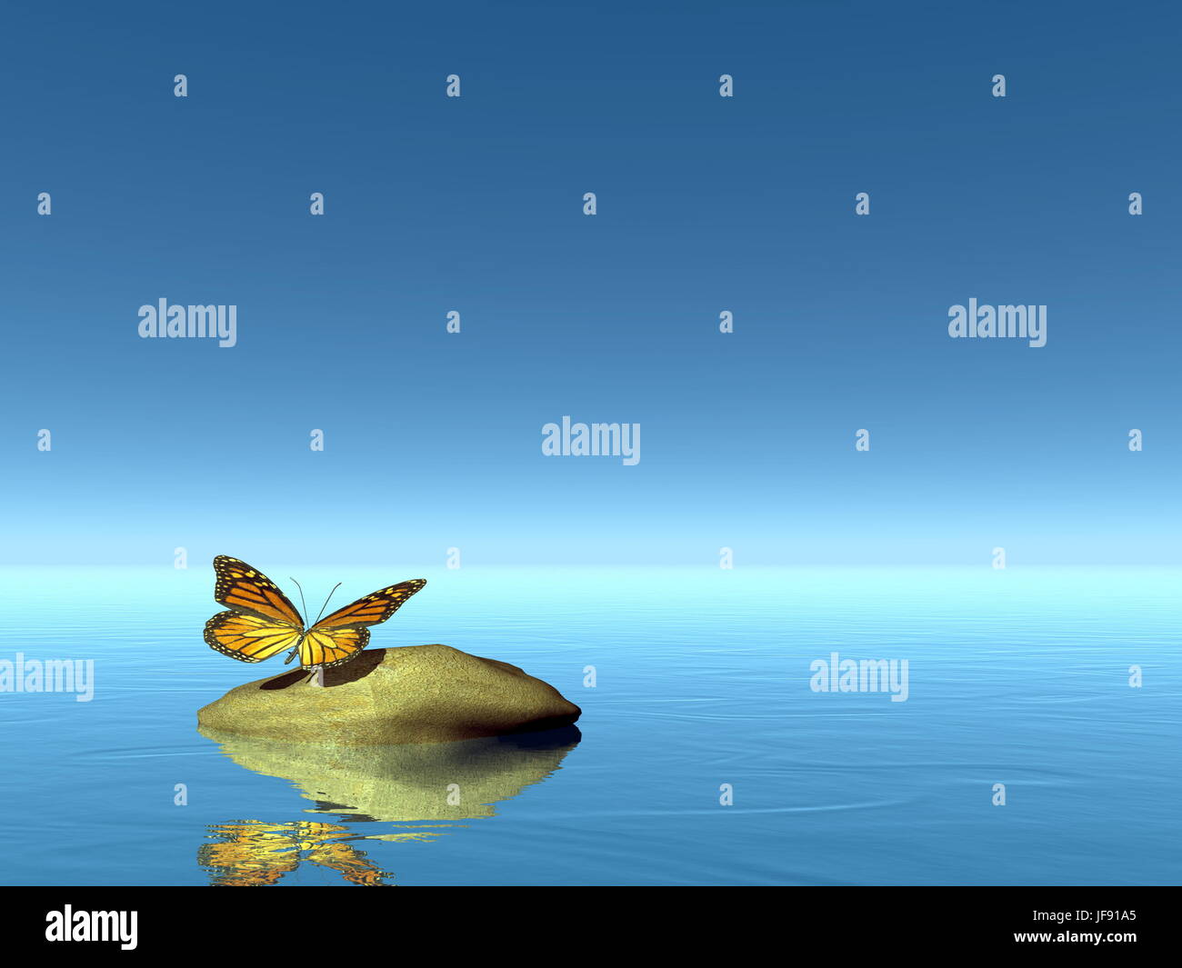 Monarch butterfly peaceful on a stone in blue background - 3D render Stock Photo