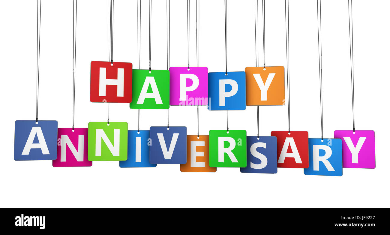 Happy anniversary sign on colorful paper tags 3D illustration isolated on white background. Stock Photo