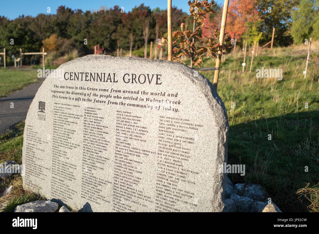 Marker for the Centennial Grove in Heather Farms park in the San Francisco Bay Area town of Walnut Creek, California, October 19, 2016. Stock Photo