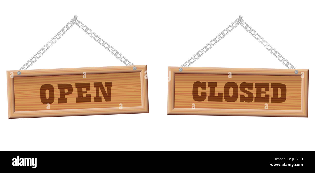 Open and close sign - wooden boards, retro western style, silver iron metal chain. Stock Photo