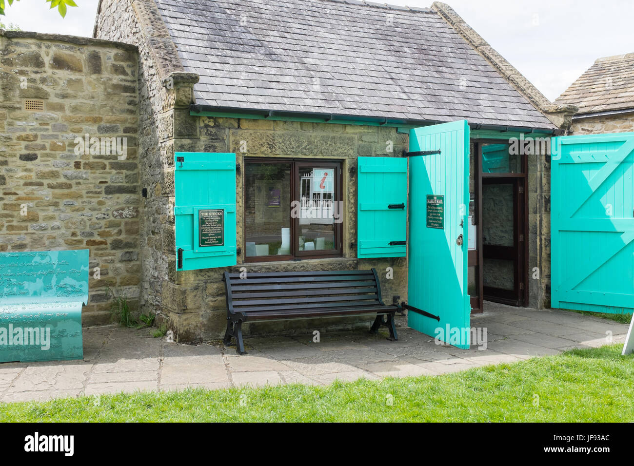 The Market Hall in the village of Eyam in the Derbyshire Peak District which now houses the tourist information centre Stock Photo