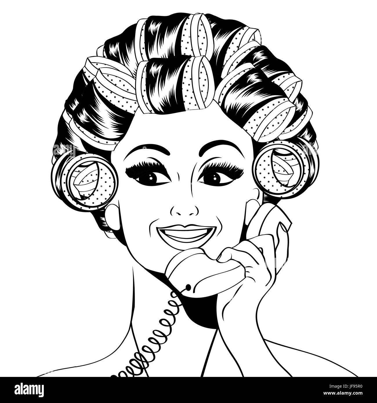 Woman with curlers in their hair talking at phone Stock Vector