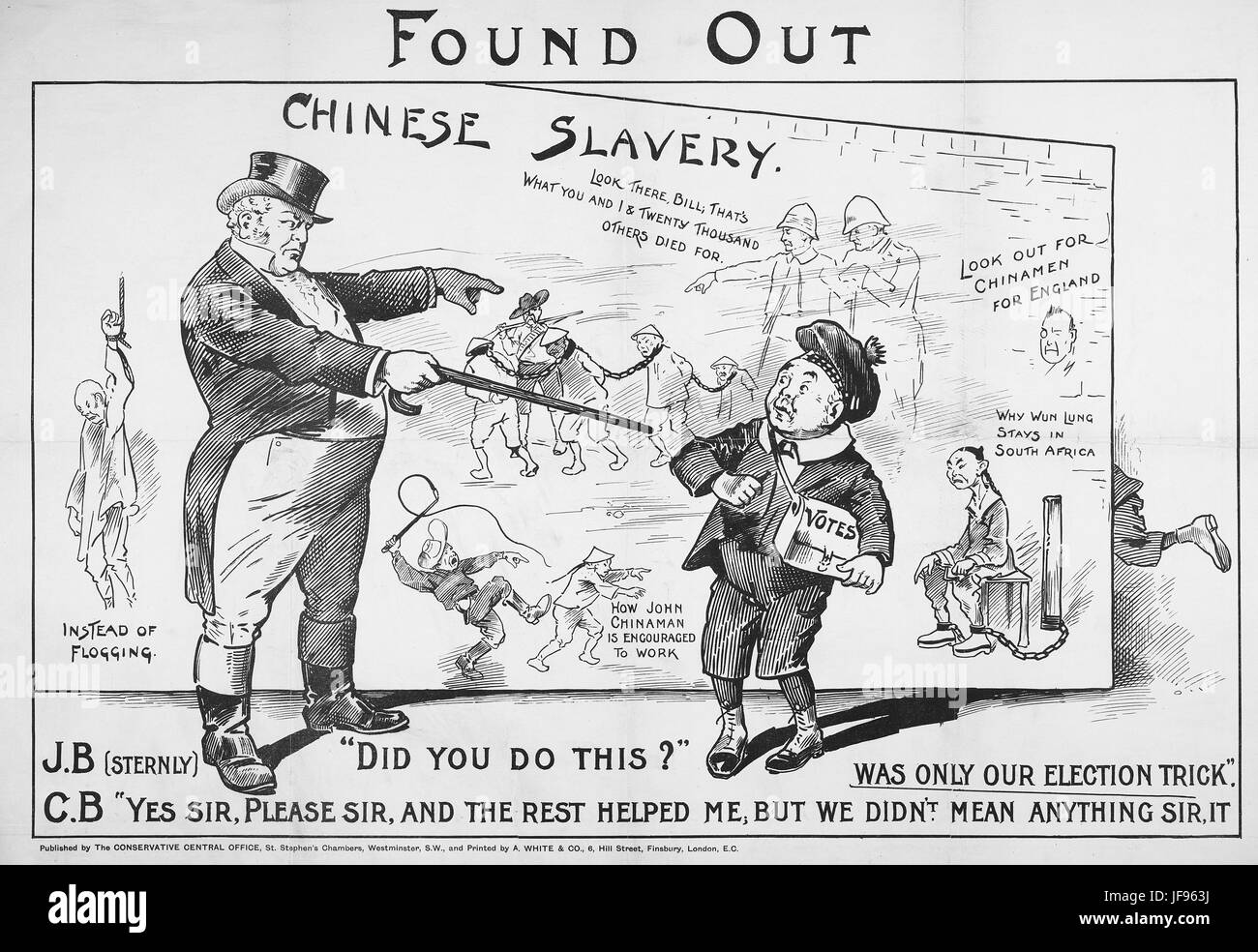 1905 GENERAL ELECTION. Conservative Party poster showing John Bull reproving Henry Campbell-Bannerman for posters about Chinese slave labour issued  by the Liberal Party during the campaign. Stock Photo