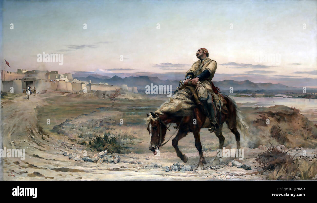 REMNANTS OF AN ARMY  1879 painting by Elizabeth Butler showing surgeon William Brydon of the British East India Company arriving at Jalalabad as the only survivor of the evacuation of Kabul in January 1842. Stock Photo