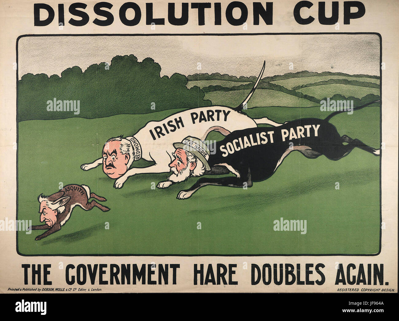 DISSOLUTION CUP 1910 Conservative & Unionist Party poster showing Herbert Asquith (Liberal)  being chased by John Redmond (IPP)  and Keir Hardie (Labour)  Credit: CCO Stock Photo