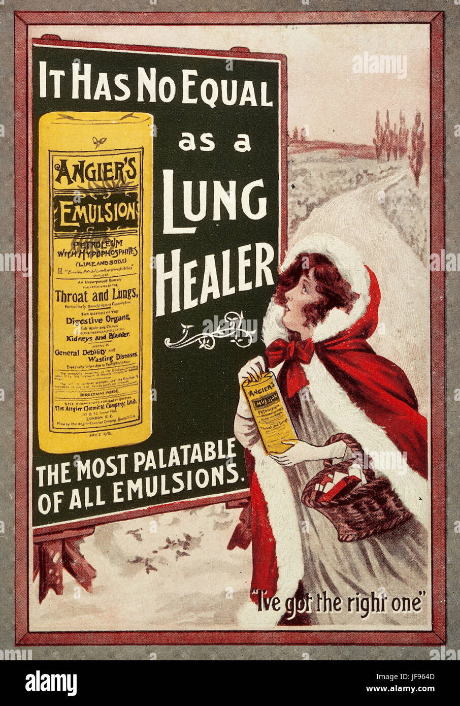 ANGIER'S EMULSION A 1910 poster for the petroleum based de-congestion manufactured by the Boston based American Angier Chemical Company. Source: Boston Library Stock Photo