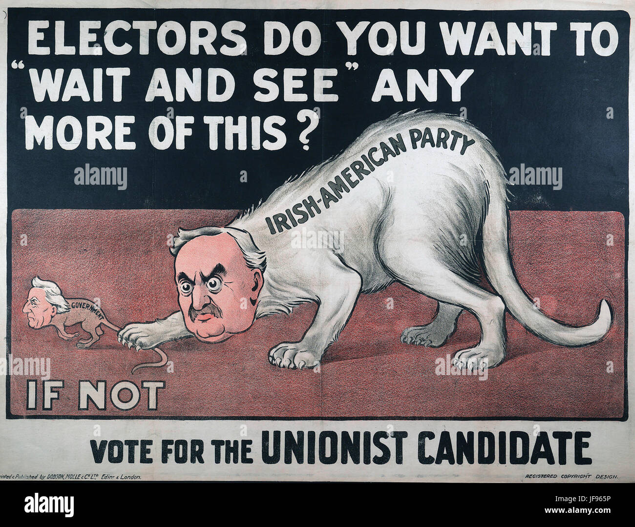 1910 GENERAL ELECTION poster by the Conservative & Unionist Party showing John Redmond (IPP) trapping the Liberal government under Herbert Asquith. Credit: CCO Stock Photo