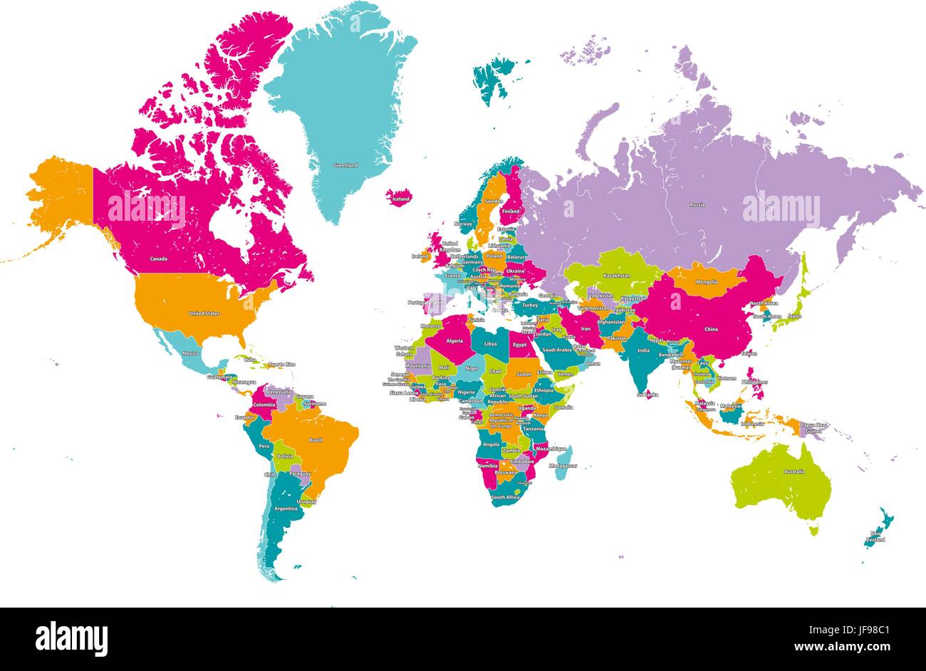 world map with countries borders and country names stock Stock Vector