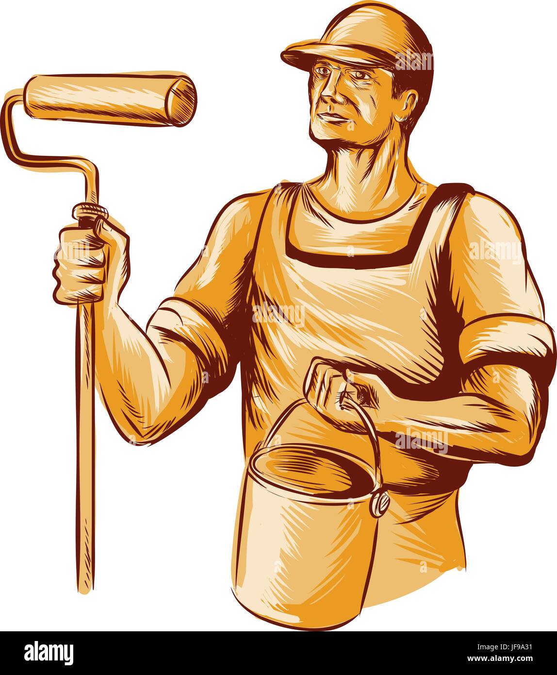 House Painter Holding Paint Roller Etching Stock Vector Image & Art Alamy