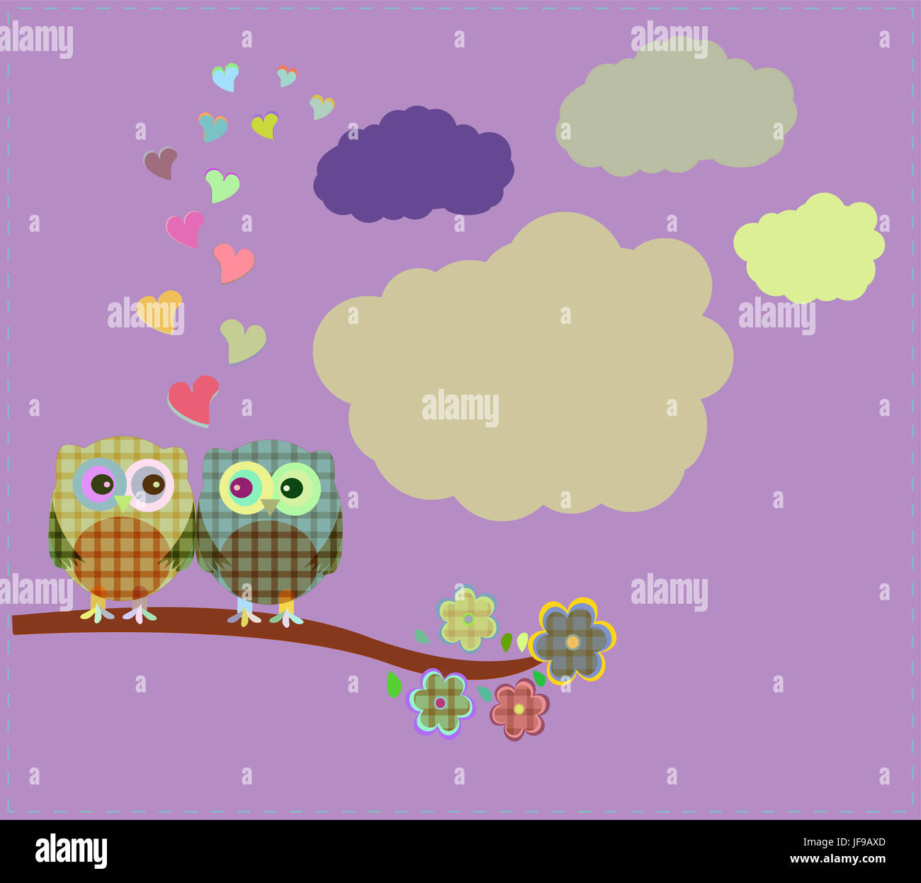 Two owls and love tree sitting on branch Stock Photo - Alamy