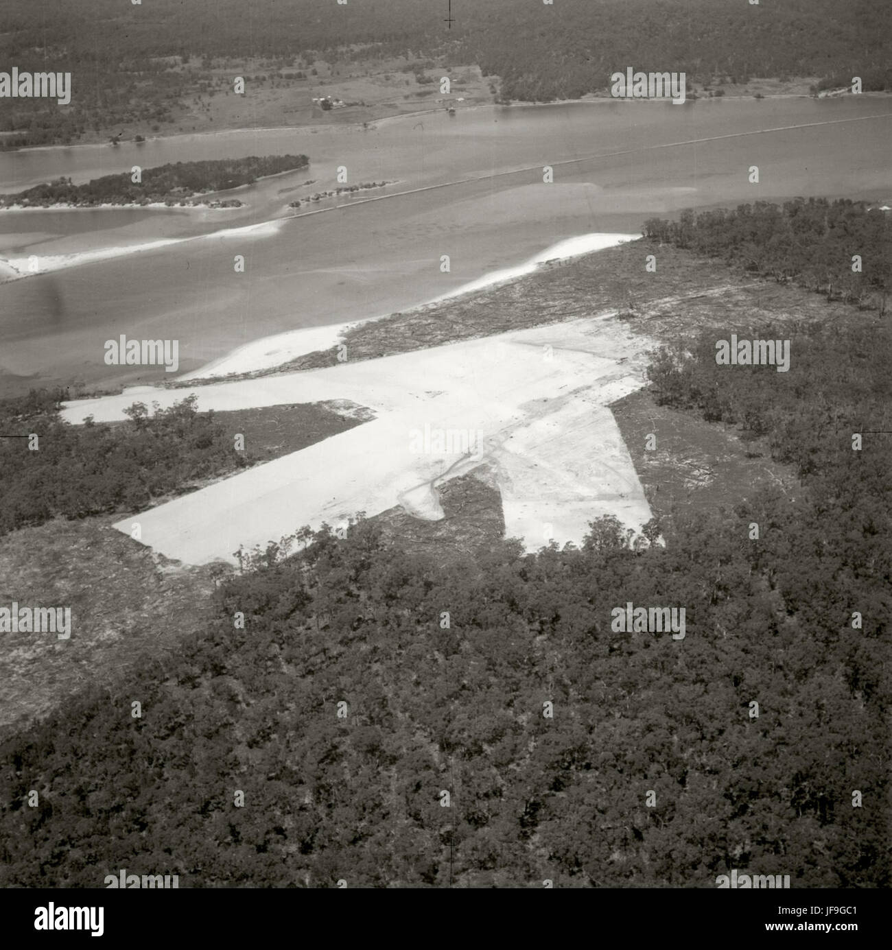 An aerial view of Moruya Landing Ground in 1937, captured during an early aerial survey by Adastra, documenting aviation history in Australia. Stock Photo