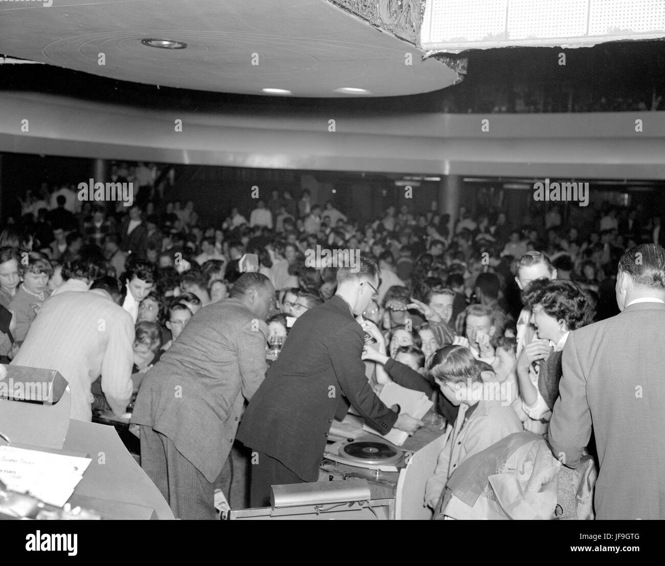 Chuck Berry, the legendary rock and roll musician, captured at Edmonton Gardens with another musician, iconic moment in music history Stock Photo