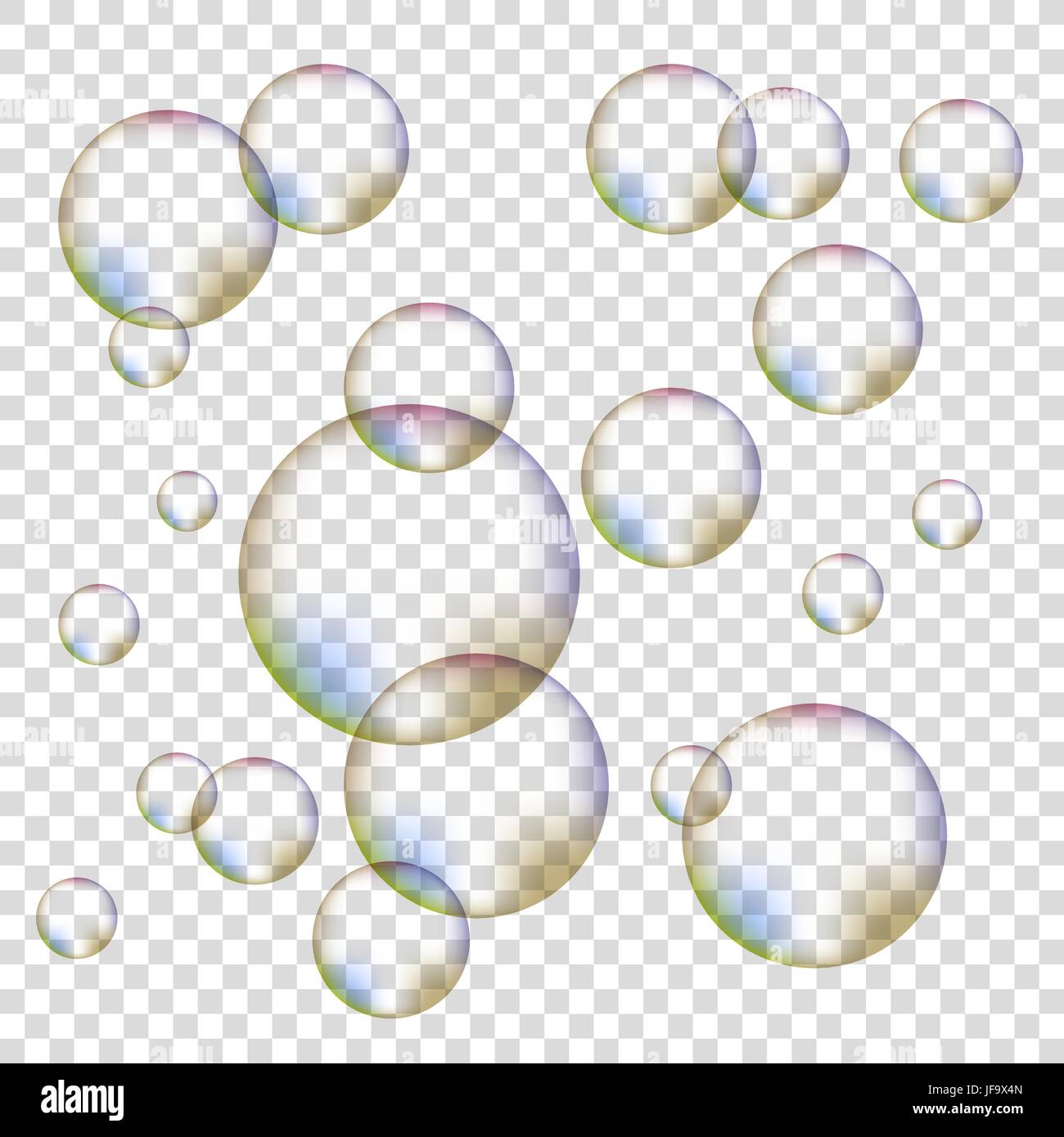 Set of Colorful Transparent Foam Bubbles Isolated on Checkered Background Stock Vector