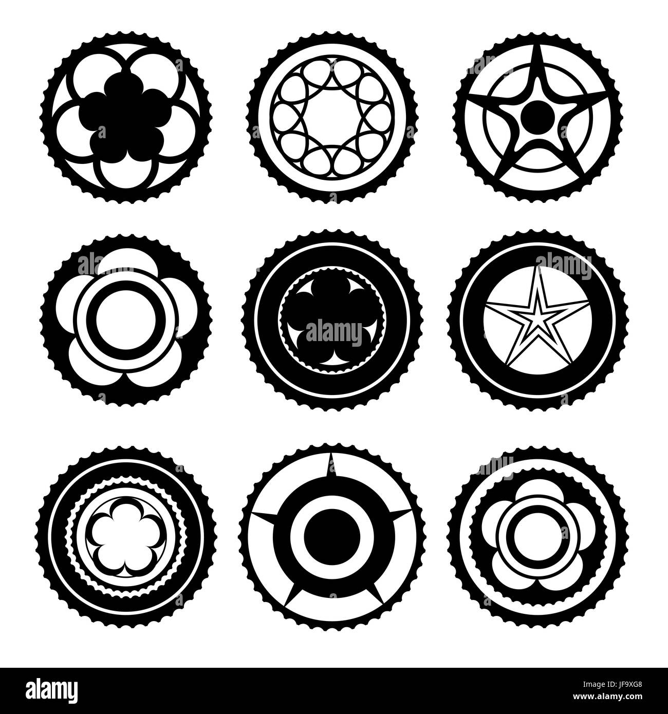 Bike Chainrings and Rear Sprocket. Set of Chainwheels Silhouettes Stock Vector