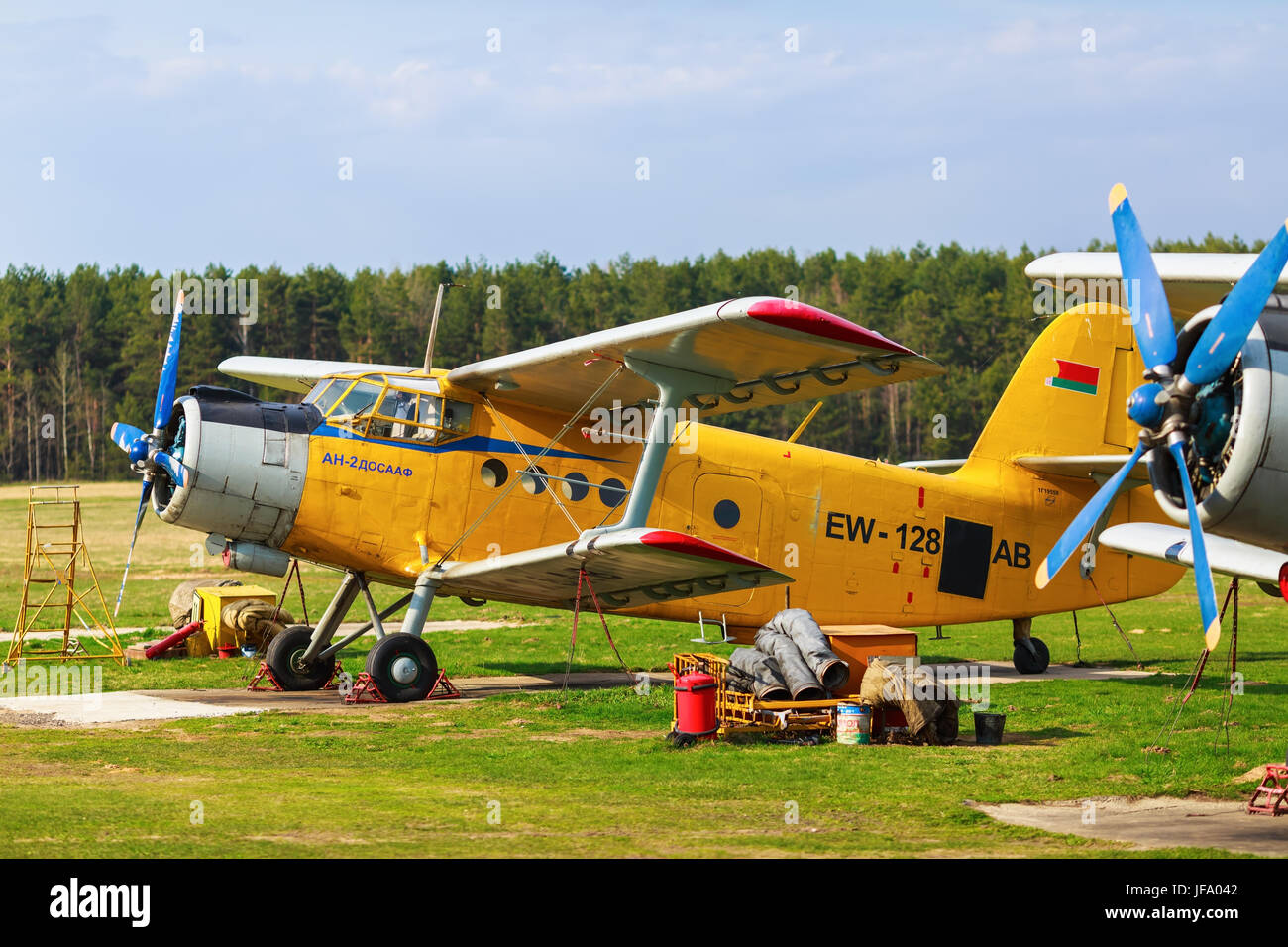 Yellow single-engine aircraft Stock Photo