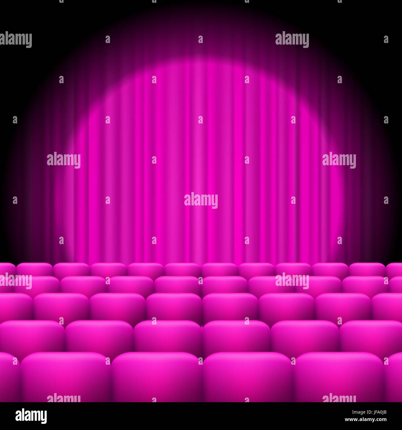 Pink Curtains with Spotlight and Seats. Classic Cinema with Pink Chairs