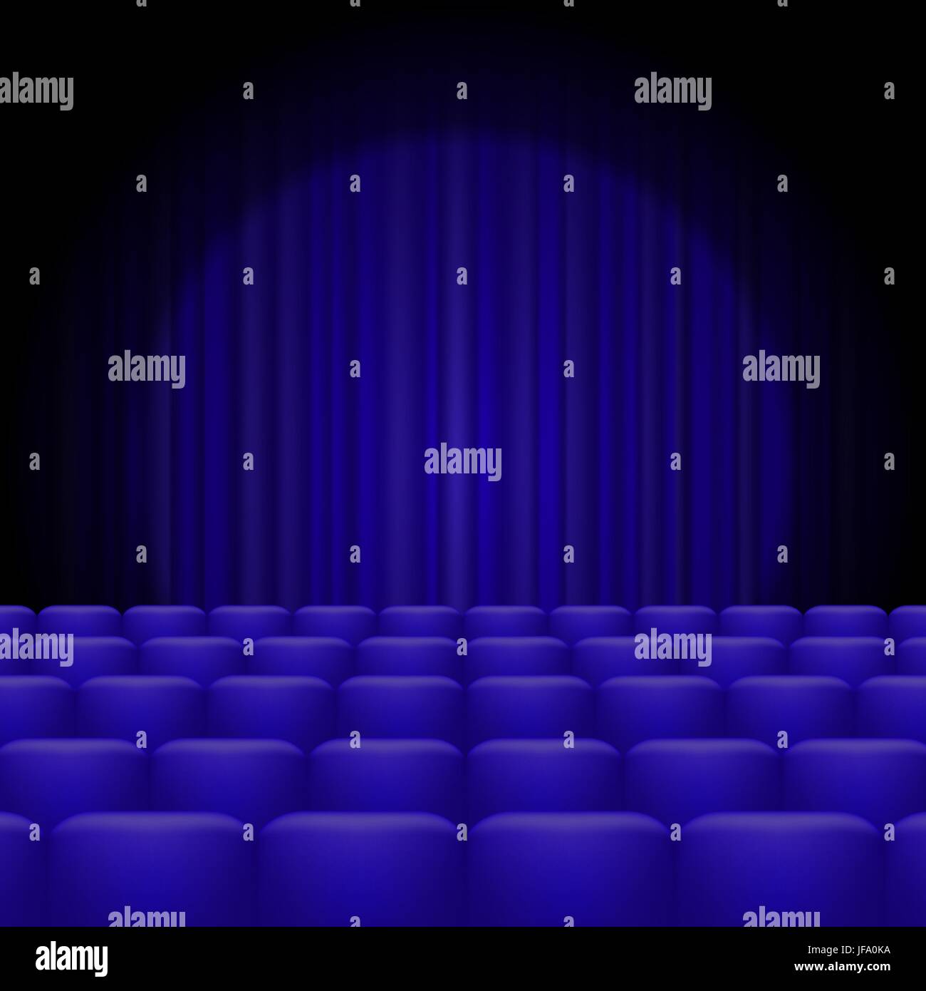 Blue Curtains with Spotlight and Seats. Classic Cinema with Blue Chairs Stock Vector