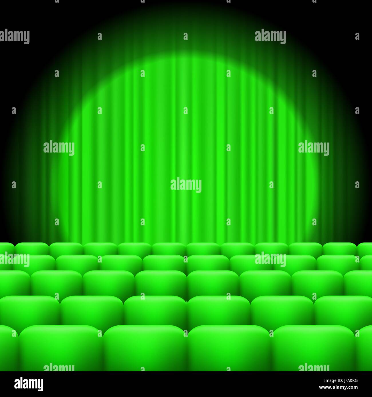 Green Curtains with Spotlight and Seats. Classic Cinema with Green Chairs Stock Vector