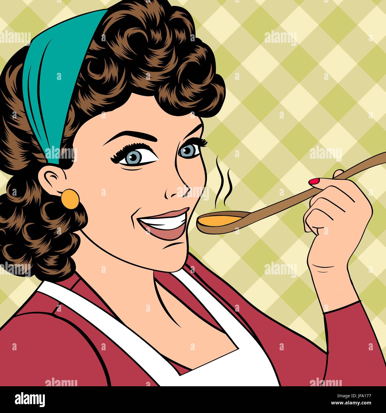 pop art retro woman with apron tasting her food Stock Vector