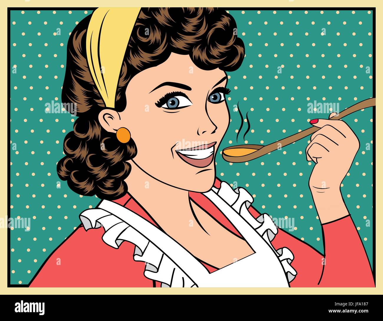 pop art retro woman with apron tasting her food Stock Vector