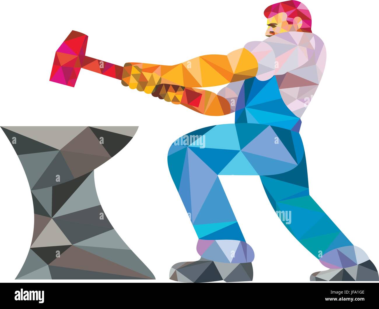 Blacksmith Worker Striking Hammer Anvil Low Polygon Stock Vector Image