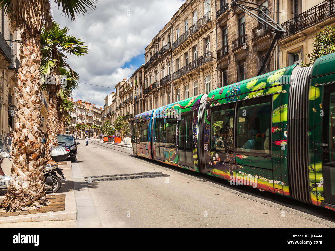Famous colorful tram in Montpellier. Stock Photo