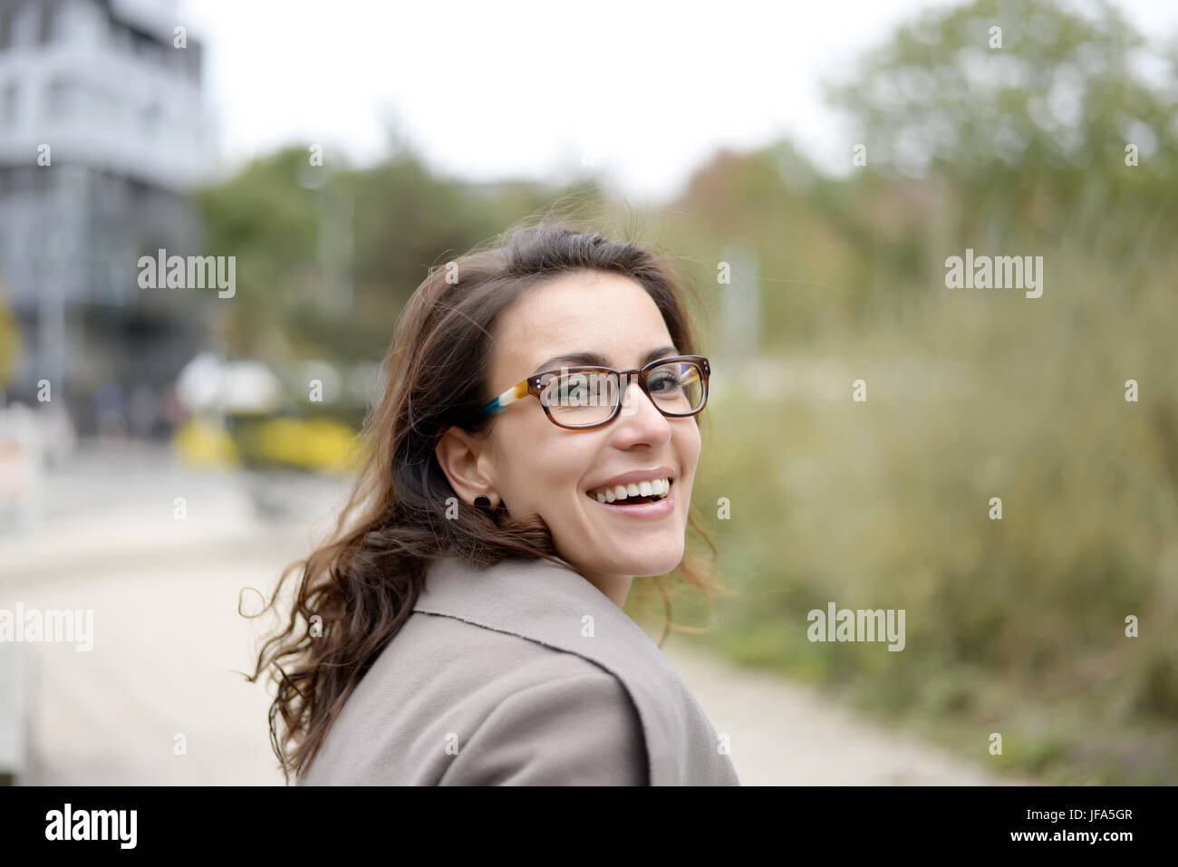 happy businesswoman in the city Stock Photo