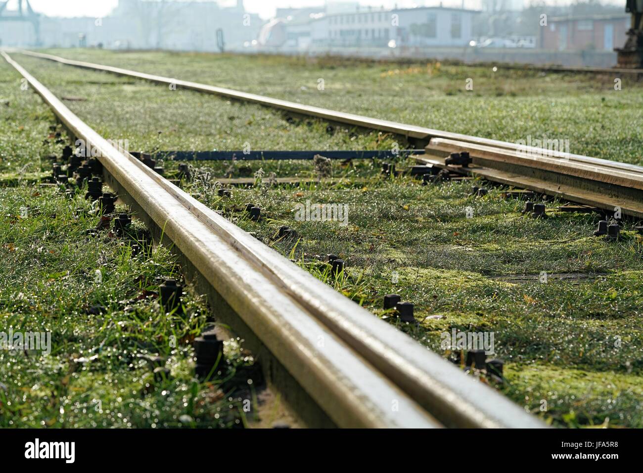 Railroad tracks in the port of Magdeburg Stock Photo