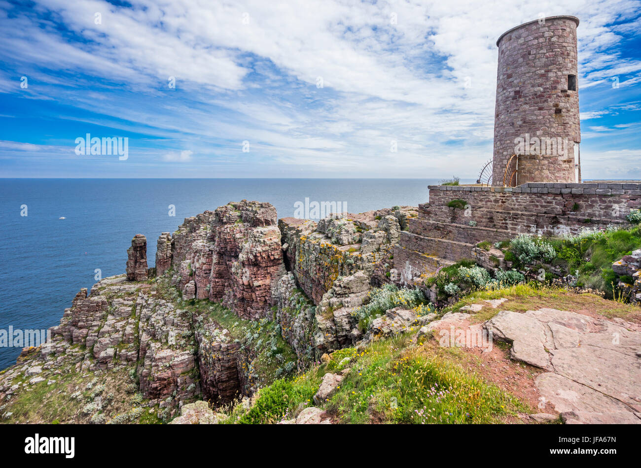 France, Brittany, Cotes D'Armor department, stone tower at the tip of Cap Fréhel Stock Photo