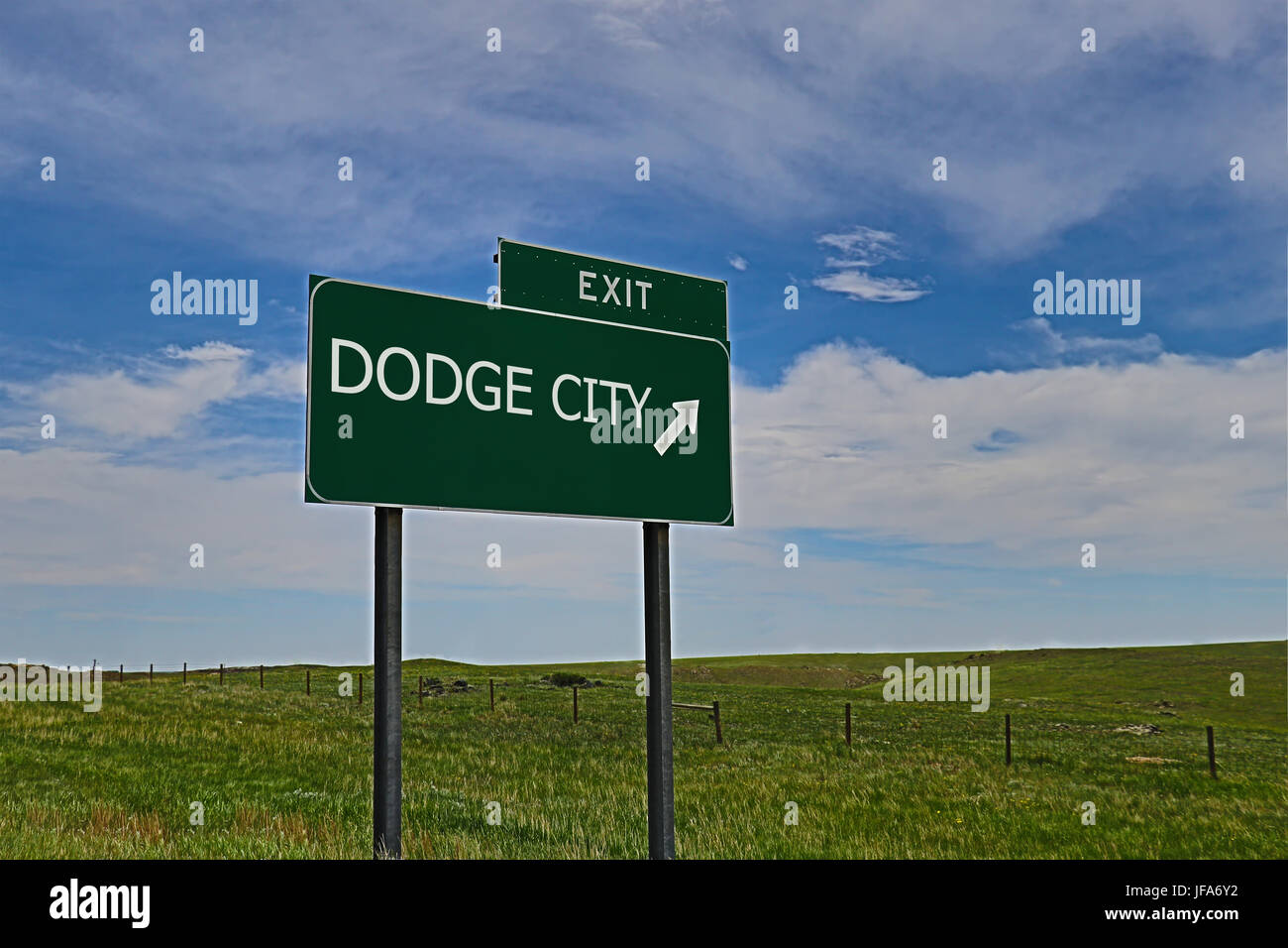 US Highway Exit Sign for Dodge City Stock Photo