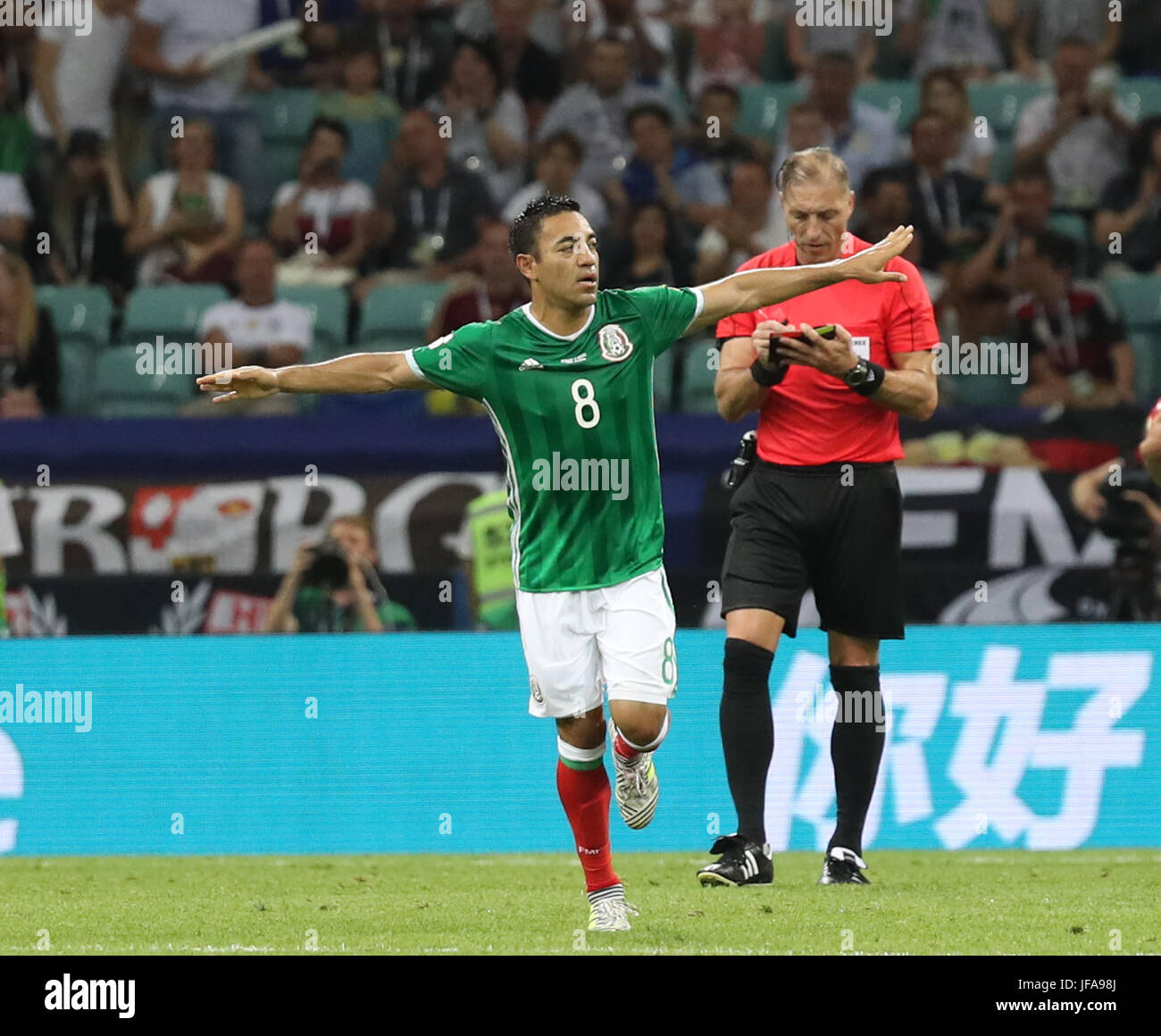 Sochi, Russia. 29th June, 2017. Marco Fabian (L) of Mexico celebrates his goal during the semifinal match of the 2017 FIFA Confederations Cup against Germany in Sochi, Russia, June 29, 2017. Mexico lost 1-4. Credit: Xu Zijian/Xinhua/Alamy Live News Stock Photo