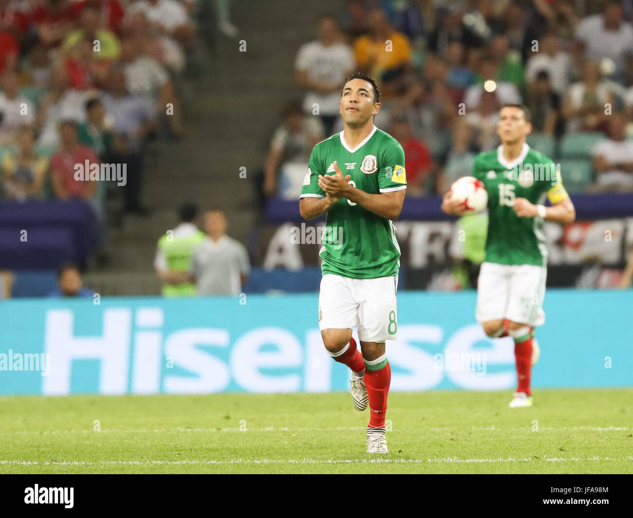 Sochi, Russia. 29th June, 2017. Marco Fabian (L) of Mexico celebrates after scoring during the semifinal match of the 2017 FIFA Confederations Cup against Germany in Sochi, Russia, June 29, 2017. Mexico lost 1-4. Credit: Xu Zijian/Xinhua/Alamy Live News Stock Photo