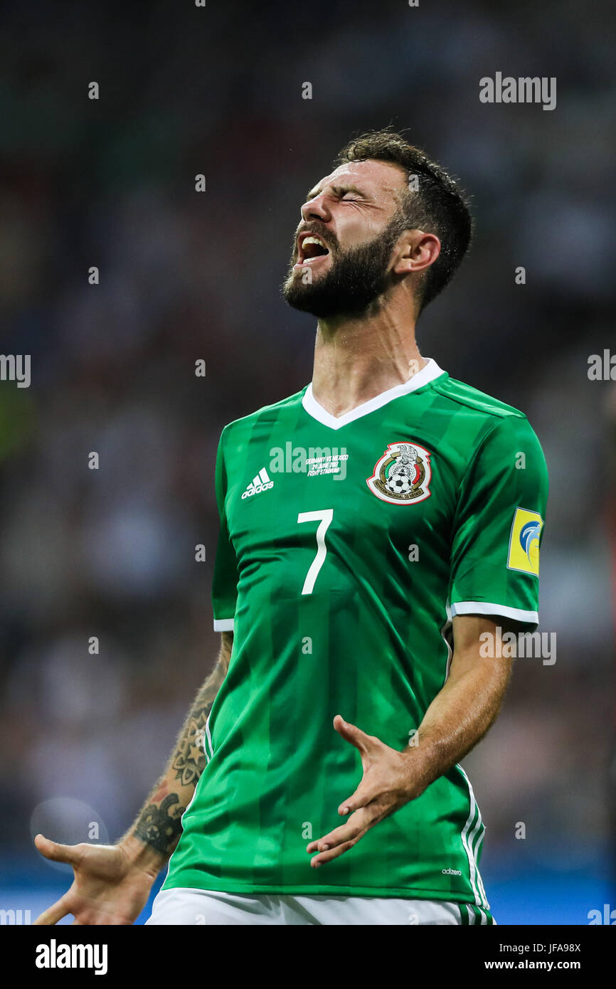 Sochi, Russia. 29th June, 2017. Miguel Layun of Mexico reacts after missing a goal during the semifinal match of the 2017 FIFA Confederations Cup against Germany in Sochi, Russia, June 29, 2017. Mexico lost 1-4. Credit: Wu Zhuang/Xinhua/Alamy Live News Stock Photo