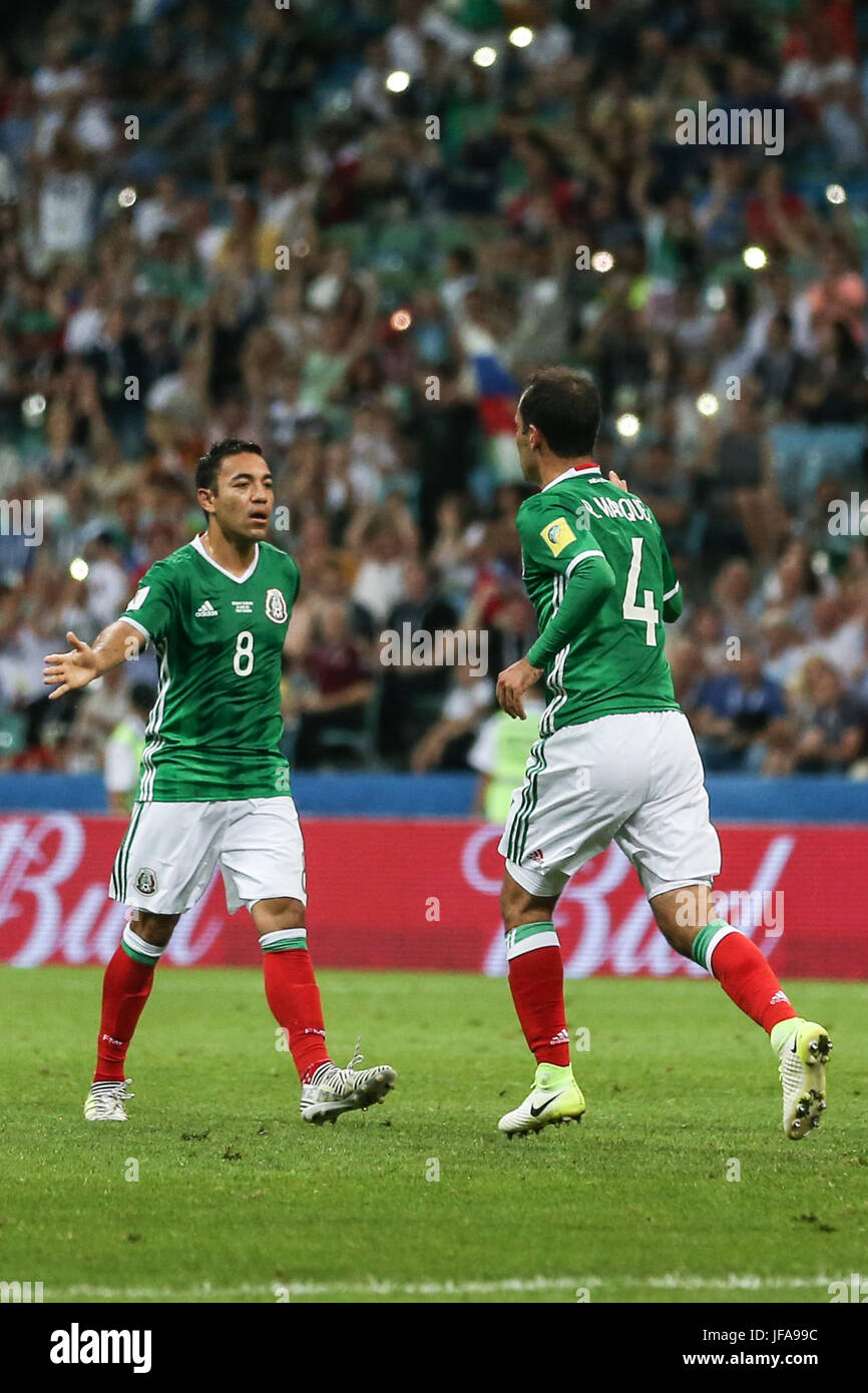 Sochi, Russia. 29th June, 2017. Marco Fabian (L) of Mexico celebrates his goal with his teammate Rafael Marquez during the semifinal match of the 2017 FIFA Confederations Cup against Germany in Sochi, Russia, June 29, 2017. Mexico lost 1-4. Credit: Wu Zhuang/Xinhua/Alamy Live News Stock Photo